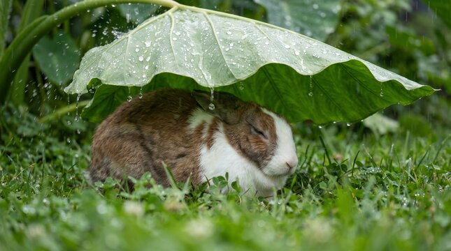 Rabbit sheltering under a large leaf