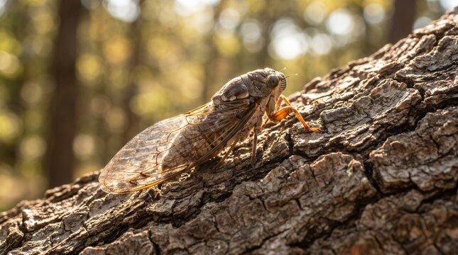 Large brown cicada on a tree trunk