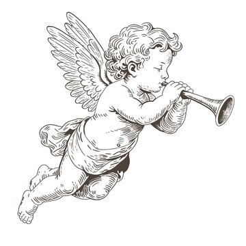 Vintage engraving style illustration of a praying cherub angel playing a flute. Isolated on white background. For decor, stickers, posters, textile.