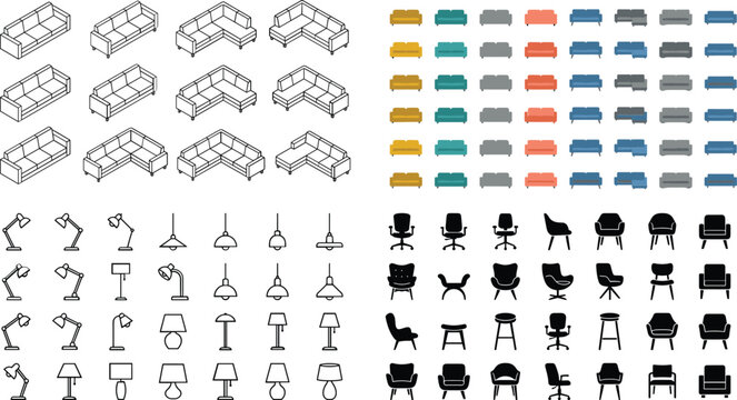 Isometric sofa and living room furniture vector icon set, home interior decoration lamp illustration collection