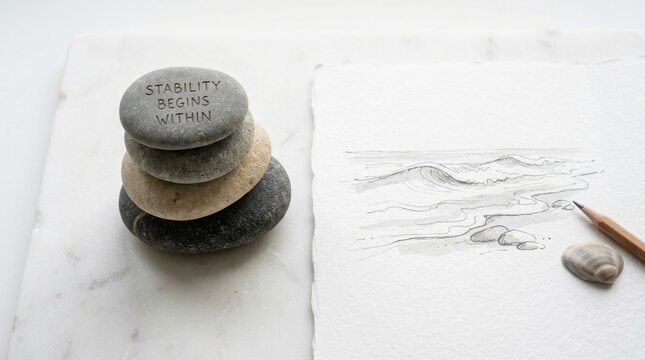 Stacked balanced stones with quote and ocean sketch