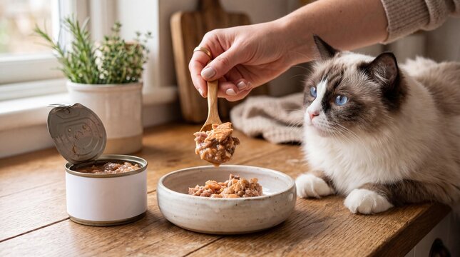 Serving canned premium wet cat food from a mockup tin with a ragdoll cat