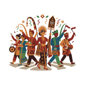Indonesian cultural parade with people in regional traditional outfits.