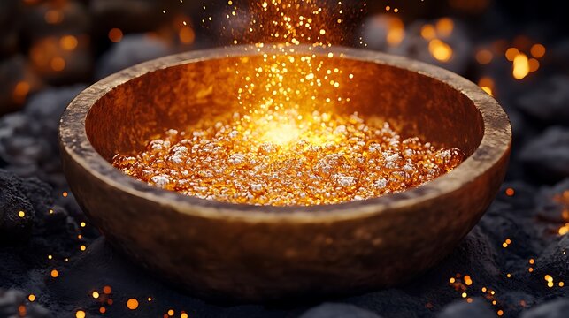 Glowing Gold Particles in Bronze Bowl on Coal.