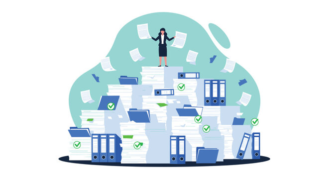 Professional businesswoman standing on top of a massive pile of paperwork and documents representing bureaucratic work overload.