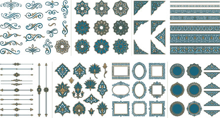 Islamic traditional ornament vector element set, oriental arabesque border frame decoration and motif collection © Akramul