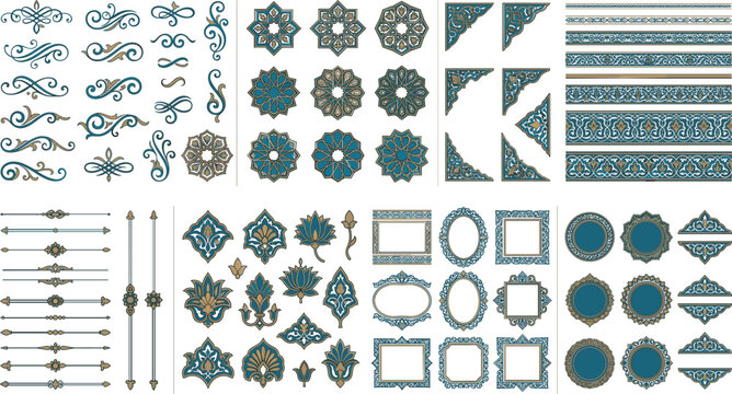 Islamic traditional ornament vector element set, oriental arabesque border frame decoration and motif collection