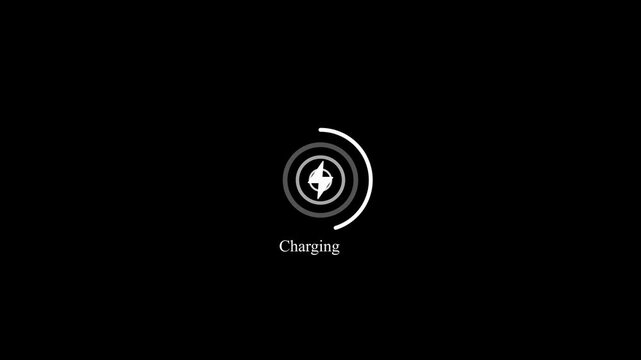 Charging progress animation with electric power icon on black background, circular loading indicator, energy recharge technology and bright symbols related to battery status.