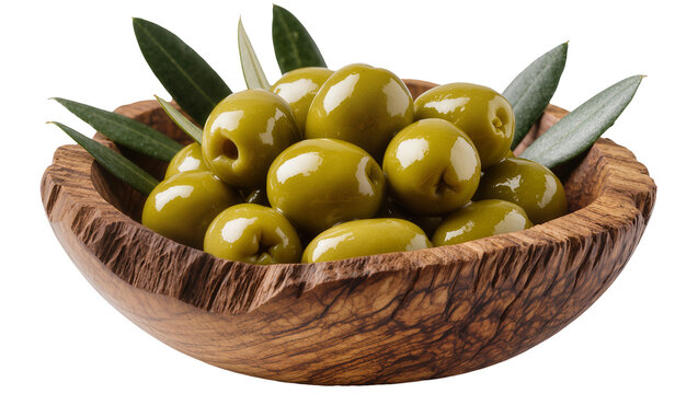 Isolated green olives with fresh olive leaves in a rustic wooden bowl, delicious snack