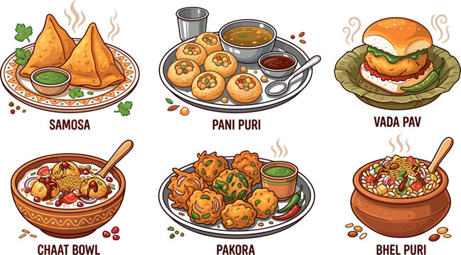 Traditional Indian Street Food Icon Set with Samosa, Pani Puri, Vada Pav, Chaat Bowl, Pakora, and Bhel Puri Plates for Restaurant Menus and Apps