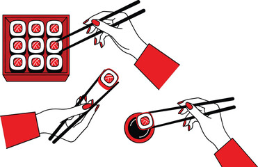 Japanese Sushi Vector Set Featuring Hands Holding Chopsticks Dipping Rolls in Soy Sauce and Premium Bento Box for Restaurant Branding Menu Design and Asian Food Illustrations © Rumi