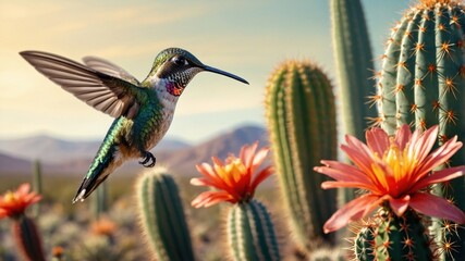 Obraz premium Colorful hummingbird hovering near vibrant cactus flowers in a desert landscape during sunset