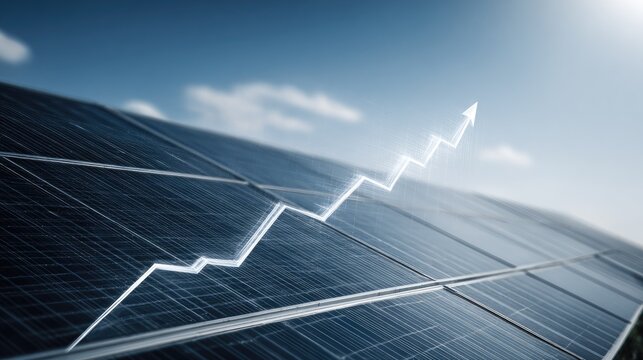 Close-up solar panel with white rising arrow.