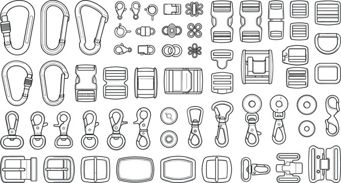 Carabiner clips and plastic buckles outline vector icon set, bag strap accessories hardware illustration collection