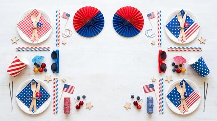 Obraz premium Patriotic flat lay picnic table setting with fourth of july party decorations.