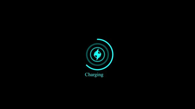 Charging progress animation with electric power icon on black background, circular loading indicator, energy recharge technology and bright symbols related to battery status.