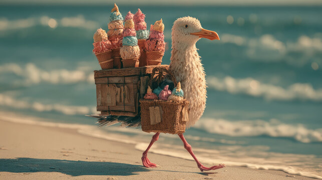 Elegant seagull with long human-like legs walking along the shoreline carrying multiple colorful ice cream cones in a cinematic beach scene.