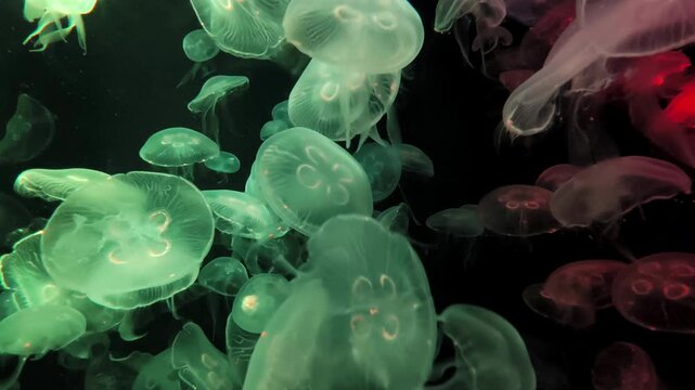 Close-up of a colorful jellyfish with translucent tentacles drifting underwater.