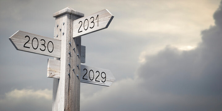 2030, 2031, 2029 - Wooden Signpost with Three Arrows - 3D illustration