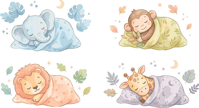 Cute Watercolor Sleeping Baby Animal Set with Elephant Monkey Lion and Giraffe Wrapped in Blankets for Nursery and Kids Graphic Designs