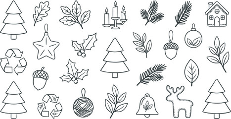 Eco Friendly Christmas Line Art Vector Icon Set with Recycle Signs Trees Holly Leaves Ornaments and Candles for Coloring Book Page Designs © Md