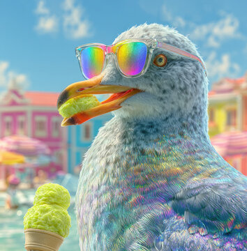 Cinematic shoreline scene with soft shadows and a walking seagull carrying stacked ice cream cones.