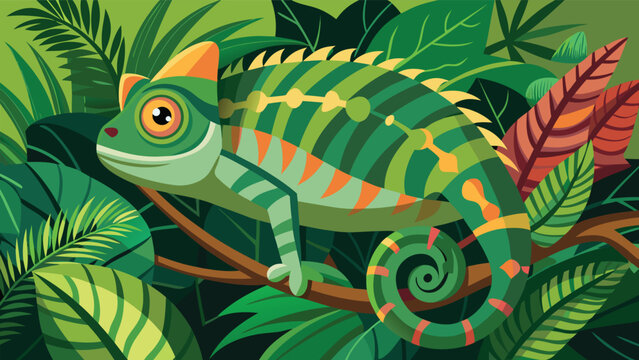 Colorful vector art depicting a chameleon camouflaged among dense jungle plants and leaves