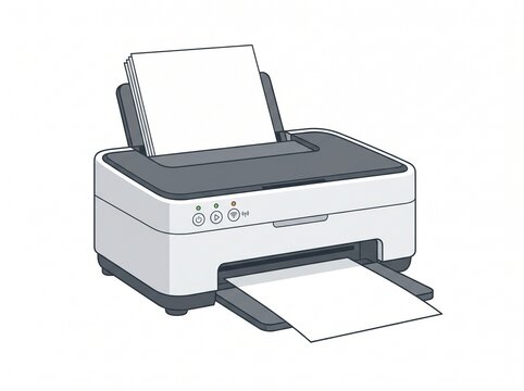 Modern Printer with Paper: A sleek, modern printer stands ready to perform its task, with a blank sheet of paper loaded in its tray and another emerging from the print output.