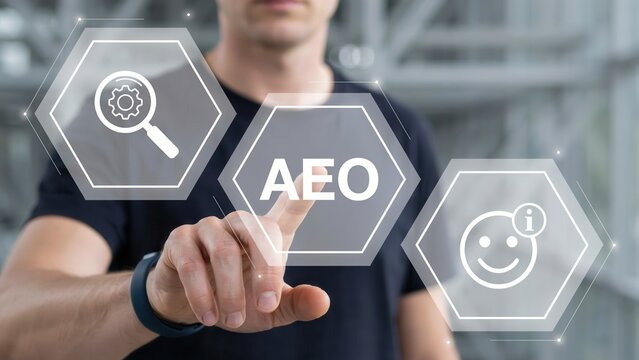 Businessman interacting with a virtual interface showing aeo acronym, representing authorized economic operator