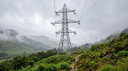 Obraz premium Large metal electricity pylon on a green mountain hill