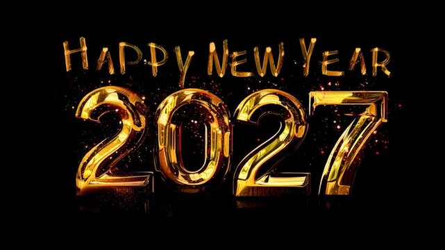 Happy New Year 2027" in huge golden metallic letters on a flat black surface, with fireworks in the background, golden sparks, New Year celebration, photorealistic.
