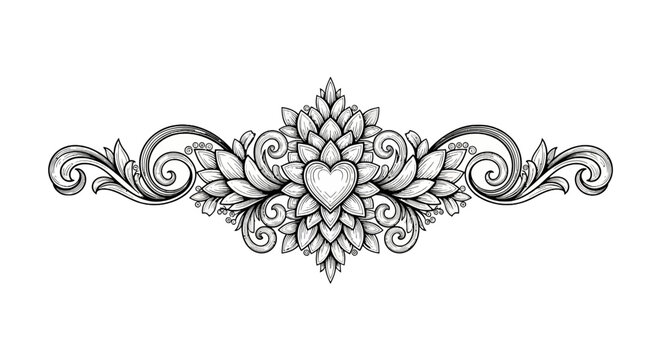 Ornate floral heart header divider with symmetrical scrolls