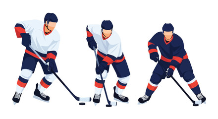 Obraz premium Set of Flat style vector of male ice hockey athletes participating in winter sports and professional competitions. Perfect for sports media, club graphics and recreation themes