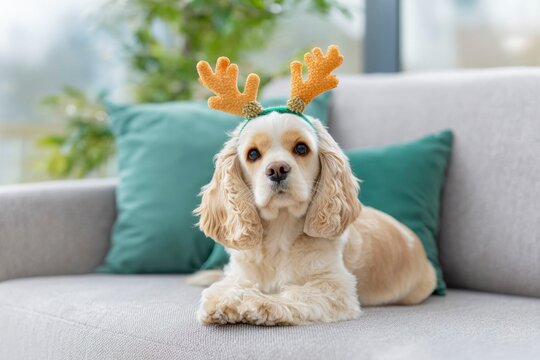cute english cocker spaniel dog wearing a cute christmas reindeer headband, sitting on the sofa in a bright living room with a modern interior design and large windows