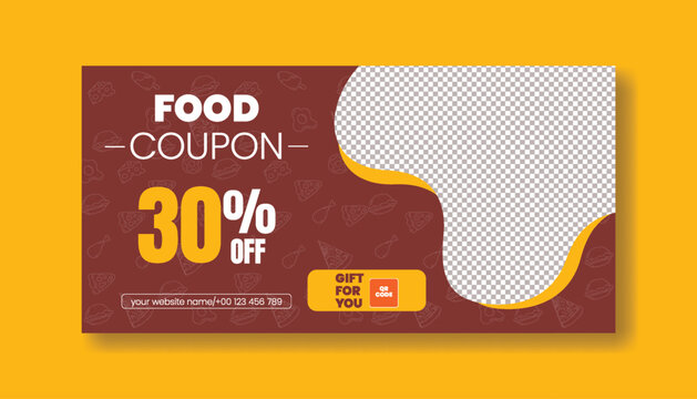 Gift Voucher for food restaurant gift card, Promotional horizontal banner and food thumbnail design, giveaway gift card, discount coupon vector template design