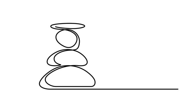 Animated self drawing of Zen stones stack continuous line drawing, art of balanced rocks, spa meditation concept. Full length one line animation. 4K video