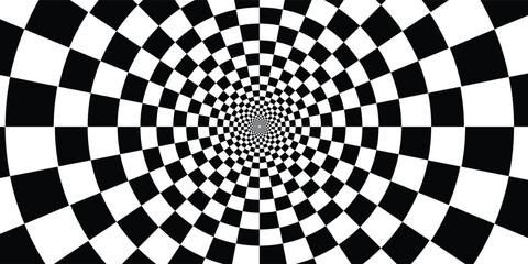 Fototapeta premium Abstract optical illusion background featuring a monochrome black and white checkered pattern twisting into a deep spiral tunnel vortex.