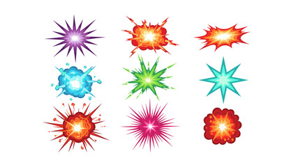 Set of colorful cartoon explosion and blast icons isolated on white background © FatemaStock