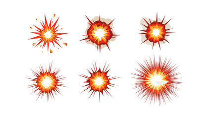 Set of six orange cartoon style explosion and fire blast effects with explosion © FatemaStock
