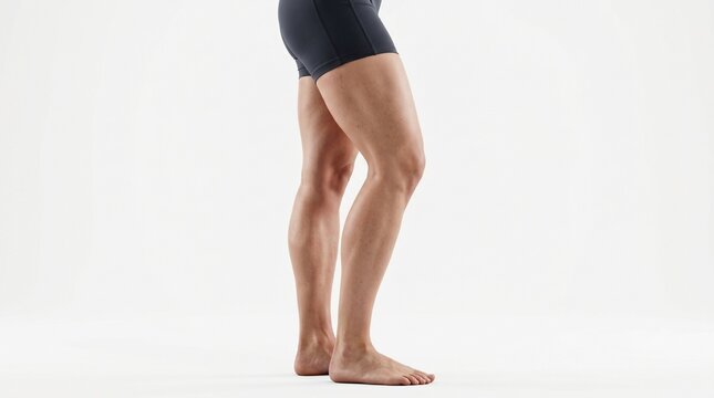 barefoot bare feet legs thighs calves shoes off no shoes standing pose fitness exercise workout athletic sporty activewear shorts lower body physique physically fit healthy