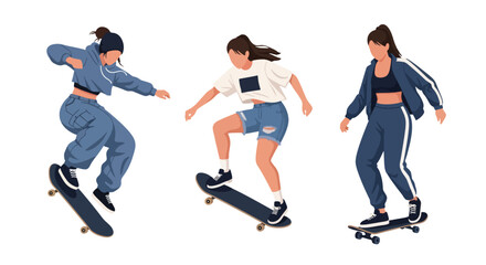 Set of Flat style vector of female skateboard athletes enjoying urban sports and recreational activities. Perfect for youth branding, street culture projects and lifestyle themes © Amie