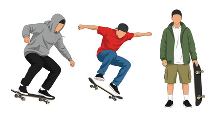 Set of Flat style vector of male skateboard athletes participating in urban sports and outdoor activities. Perfect for streetwear branding, youth campaigns and recreation content © Amie