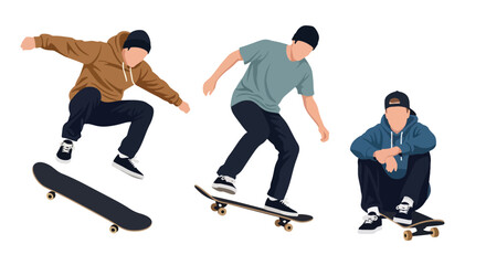 Set of Flat style vector of male skateboard athletes participating in urban sports and outdoor activities. Perfect for streetwear branding, youth campaigns and recreation content © Amie