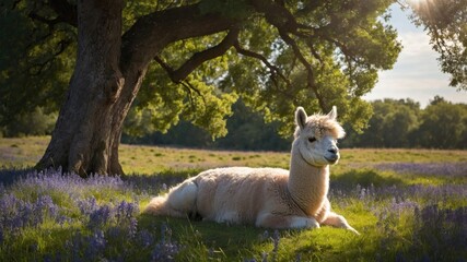 Fototapeta premium A serene alpaca resting on lush green grass surrounded by vibrant purple flowers under a tree
