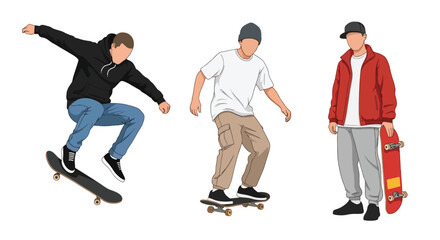 Set of Flat style vector of male skateboard athletes participating in urban sports and outdoor activities. Perfect for streetwear branding, youth campaigns and recreation content © Amie