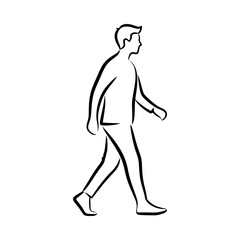 Obraz premium Minimalist line of a man walking forward, side profile view, isolated on a white background, clean for lifestyle, health, or human activity concepts, simple style