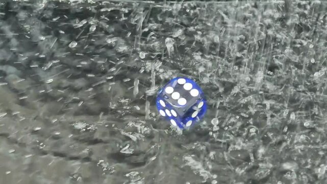 Blue six-sided die rolls across a wet surface, splashing water droplets as it moves, showcasing dynamic motion and interaction with the reflective background