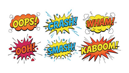 Set of colorful comic book action sound effect stickers with explosion, colorful © FatemaStock