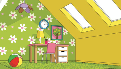 Cozy attic bedroom study area for children illustration with interior, playroom © FatemaStock