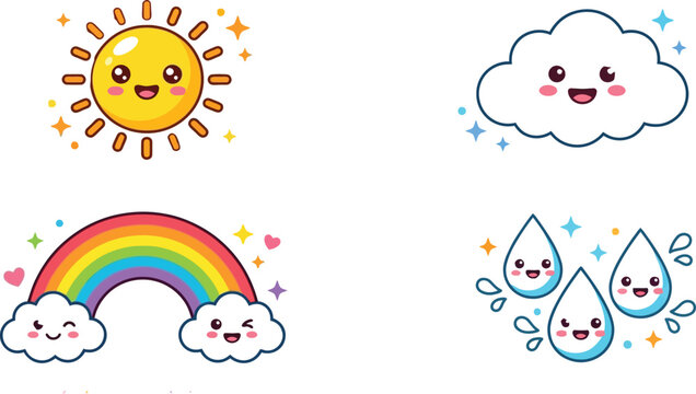 Cute cartoon weather icons with rainbow and raindrops